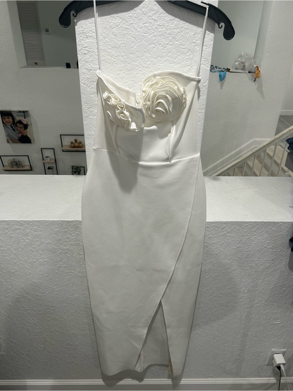 Ivory Spaghetti-Strap Midi Dress with Sculpted Floral Bodice